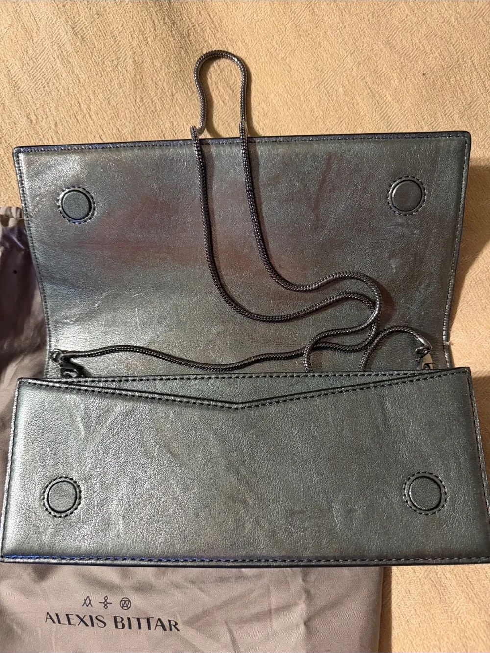 Alexis Bittar Iridescent Pewter Metallic Clutch with Black Sculptural Handle